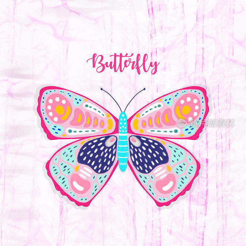 Hand Drawn Pink Watercolor Butterfly with Pink Marble Background. Design Element. Greeting Card.